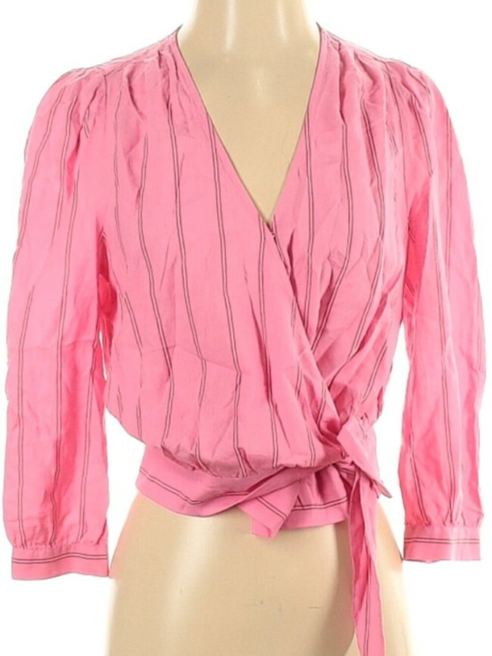 Madewell Women's Wrap Top In Cecelia Stripe Pink Blouse 3/4 sleeve Small S NWT